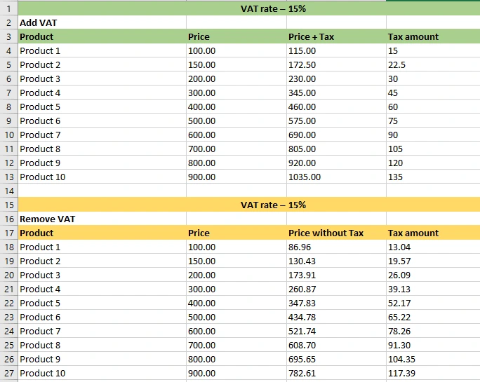 VAT calculation in Excel